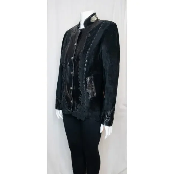 TRIBE AMERICA Women's Vintage Black Suede & Leather Beaded JacketUS 8 - Picture 5 of 14
